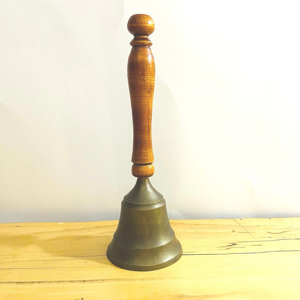 Vtg Brass Hand Bell Wood Handle School Bell Teacher Bell Dinner Bell Call Bell